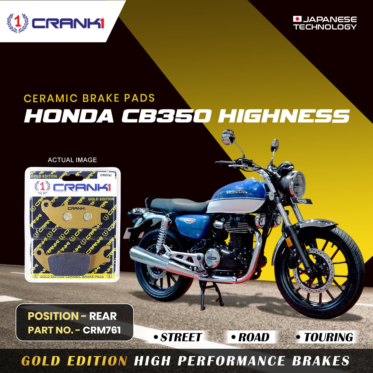 Ceramic Brake Pads For Honda CB350 Highness Rear CRM761 1 Set CRANK1