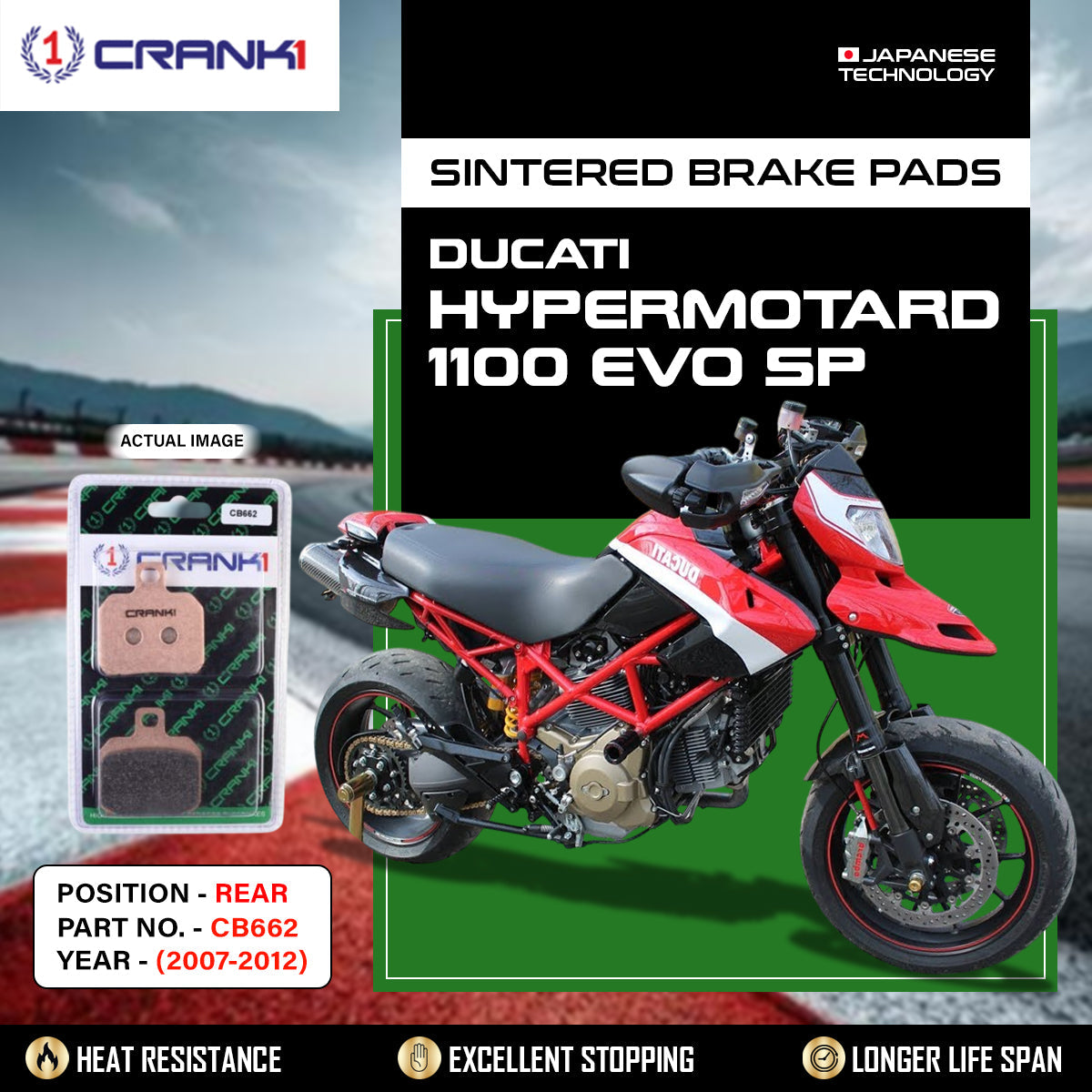 Sintered Brake Pads For Ducati Hypermotard 1100 EVO SP 2007-2012 - Rear - CB662 - 1 Set - CRANK1