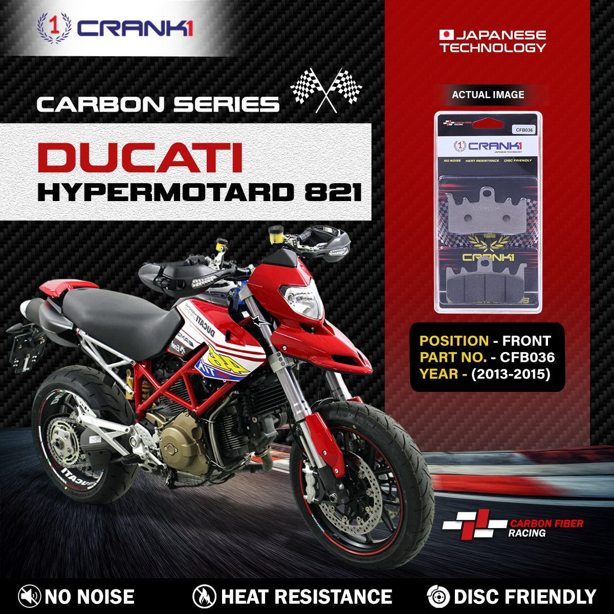Carbon Brake Pads For Ducati Hypermotard 821 2013-2015 - Front - CFB036 - 2 Sets - CRANK1