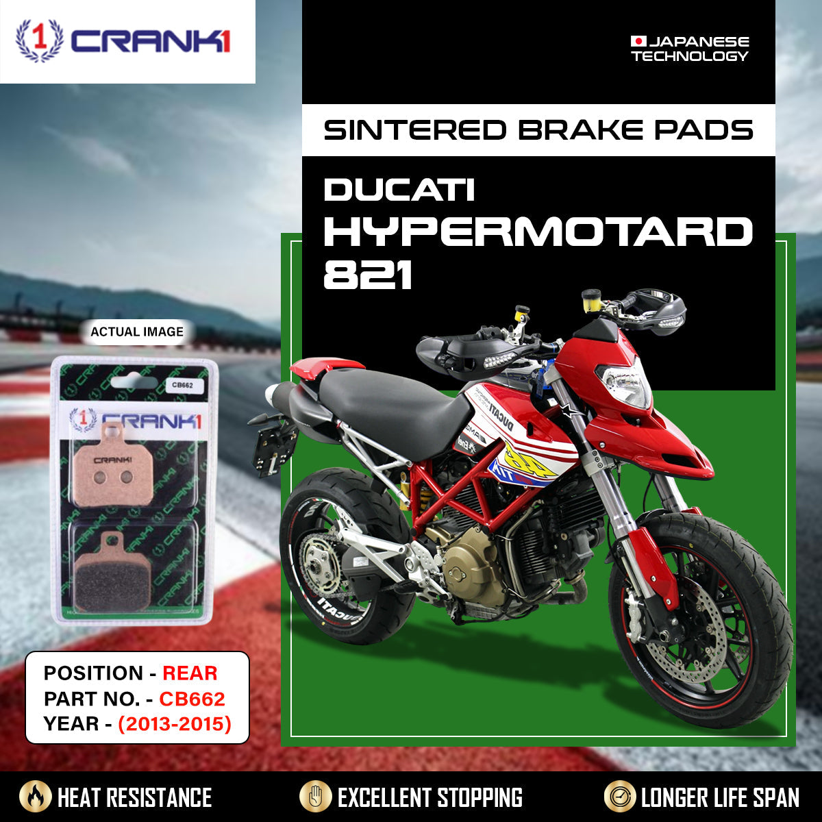 Sintered Brake Pads For Ducati Hypermotard 821 2013-2015 - Rear - CB662 - 1 Set - CRANK1