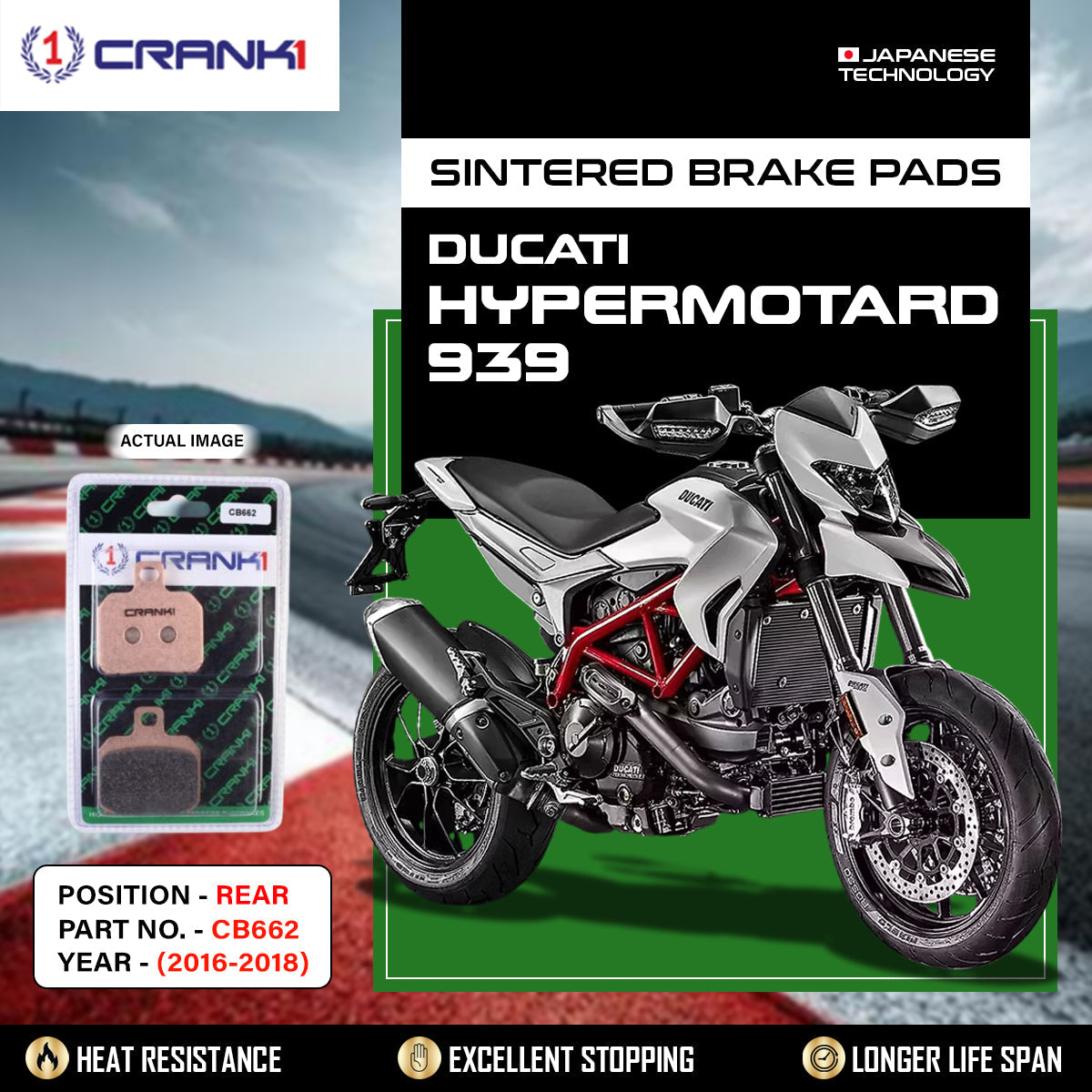 Sintered Brake Pads For Ducati Hypermotard 939 2016-2018 - Rear - CB662 - 1 Set - CRANK1