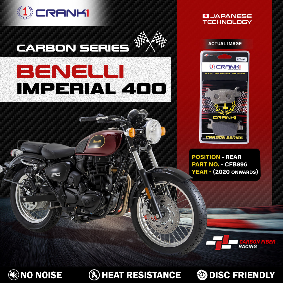 Carbon Brake Pads For Benelli Imperiale 400 2020 Onwards - Rear - CFB896 - 1 Set - CRANK1