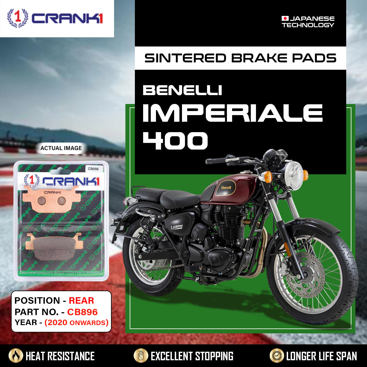 Sintered Brake Pads For Benelli Imperiale 400 2020 Onwards - Rear - CB896 - 1 Set - CRANK1