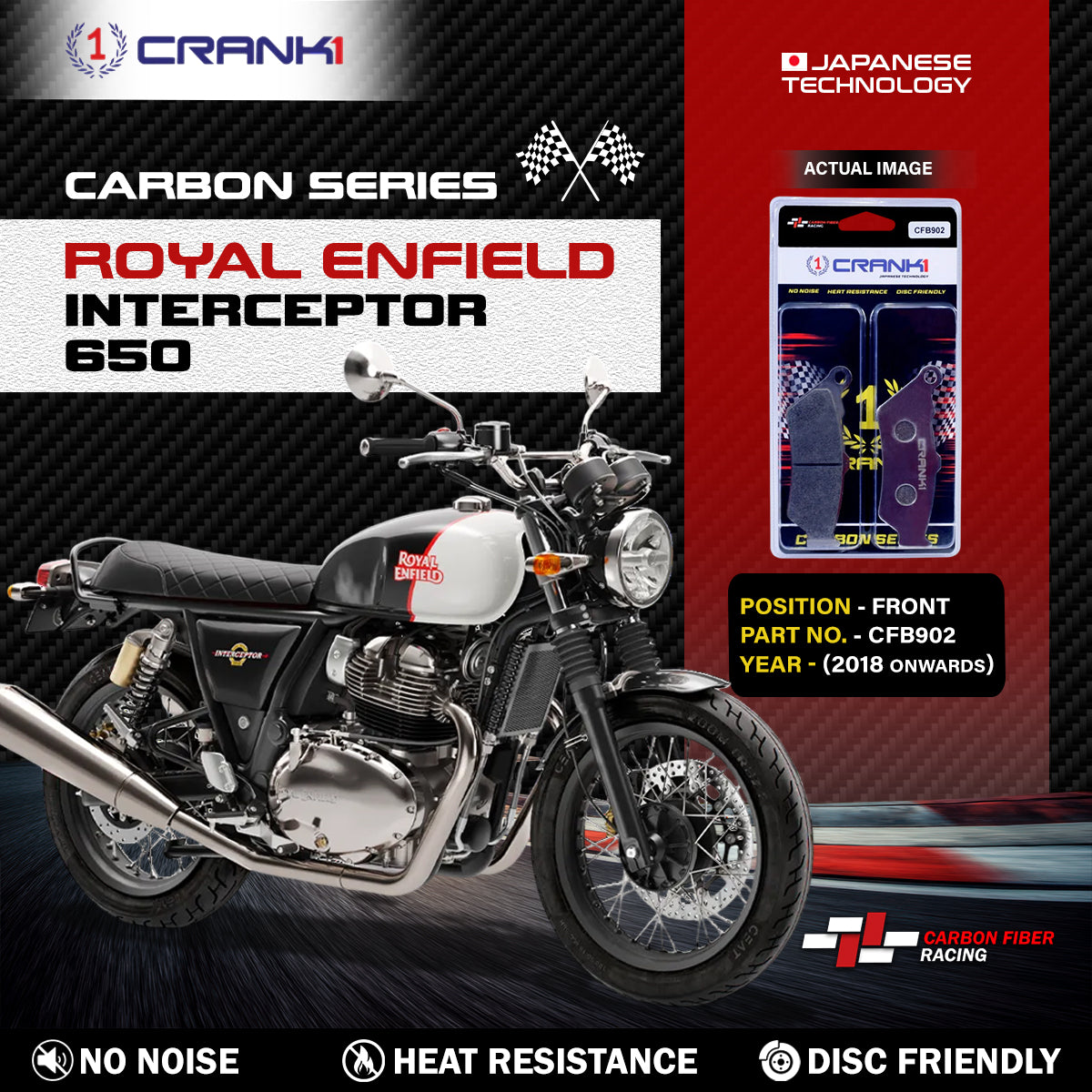 Carbon Brake Pads For Royal Enfield Interceptor 650 2018 Onwards - Front - CFB902 - 1 Set - CRANK1