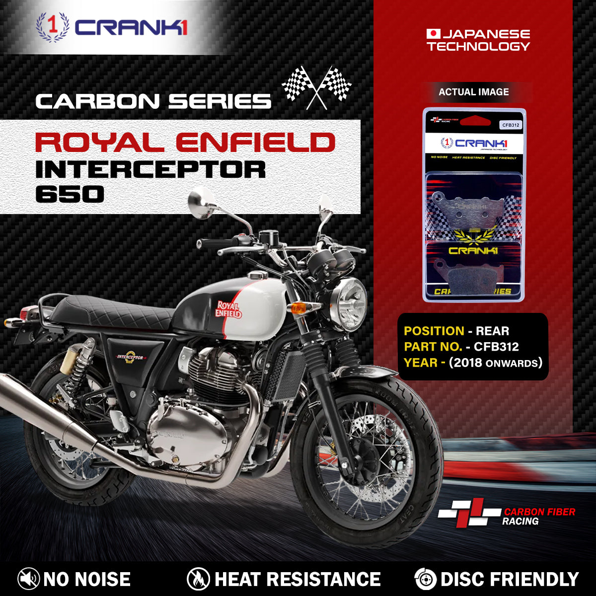 Carbon Brake Pads For Royal Enfield Interceptor 650 2018 Onwards - Rear - CFB312 - 1 Set - CRANK1