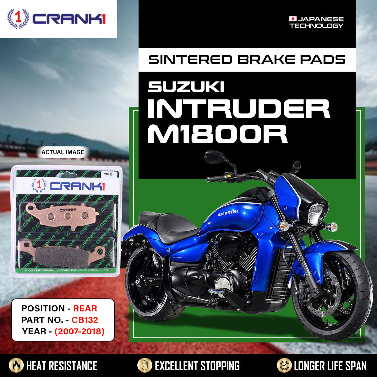 Sintered Brake Pads For Suzuki Intruder M1800R 2007-2018 - Rear - CB132 - 1 Set - CRANK1
