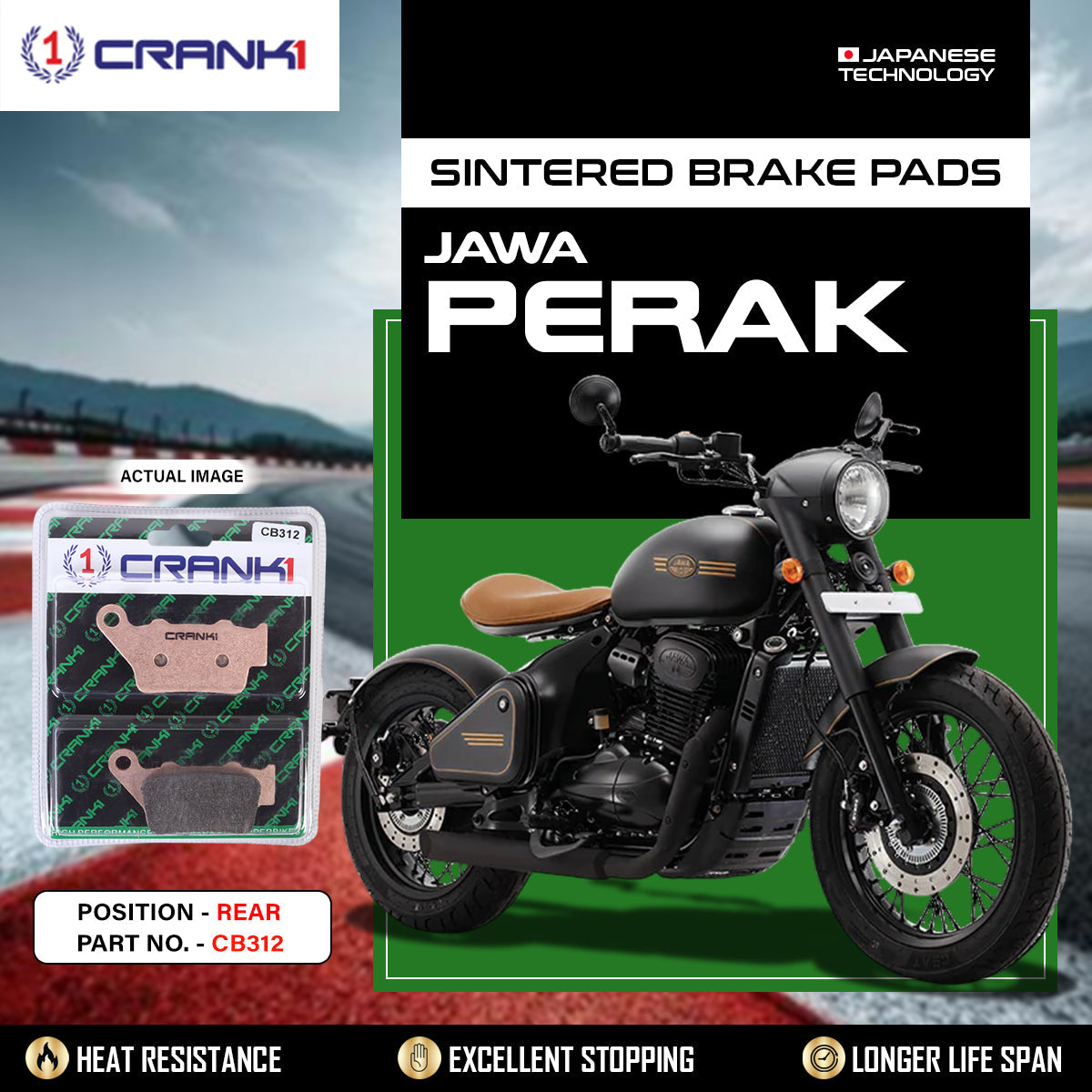 Sintered Brake Pads For Jawa Perak - Rear - CB312 - 1 Set - CRANK1