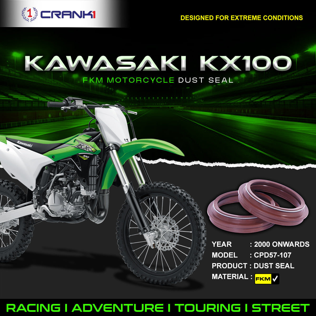 Fork Dust Seals Pair For Kawasaki KX100 2000 Onwards - CPD57-107 - CRANK1