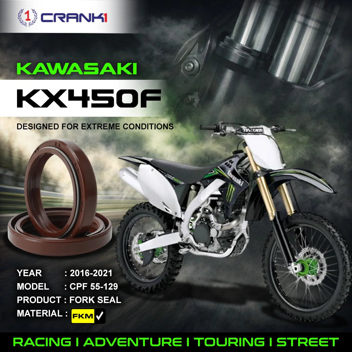 Fork Oil Seals Pair For Kawasaki KX450F 2016-2021 - CPF55-129 - CRANK1
