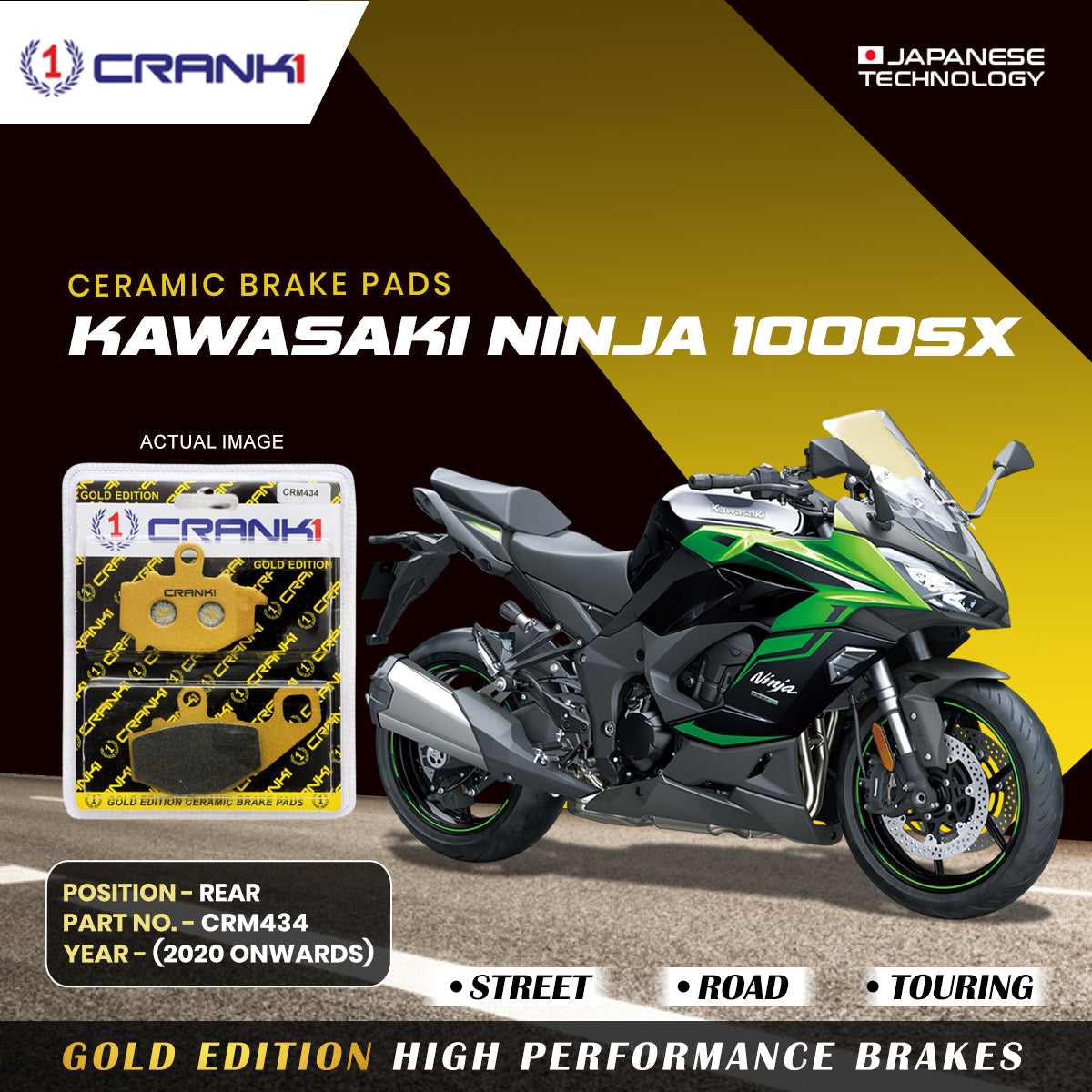 Ceramic Brake Pads For Kawasaki Ninja 1000SX 2020 Onwards Rear CRM434 1 Set CRANK1