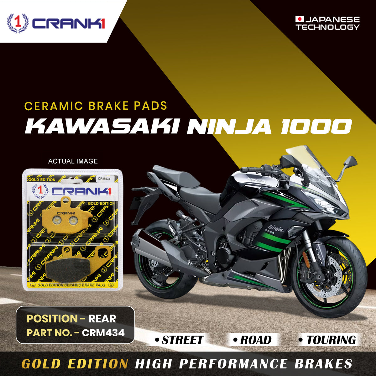 Ceramic Brake Pads For Kawasaki Ninja 1000 Rear CRM434 1 Set CRANK1