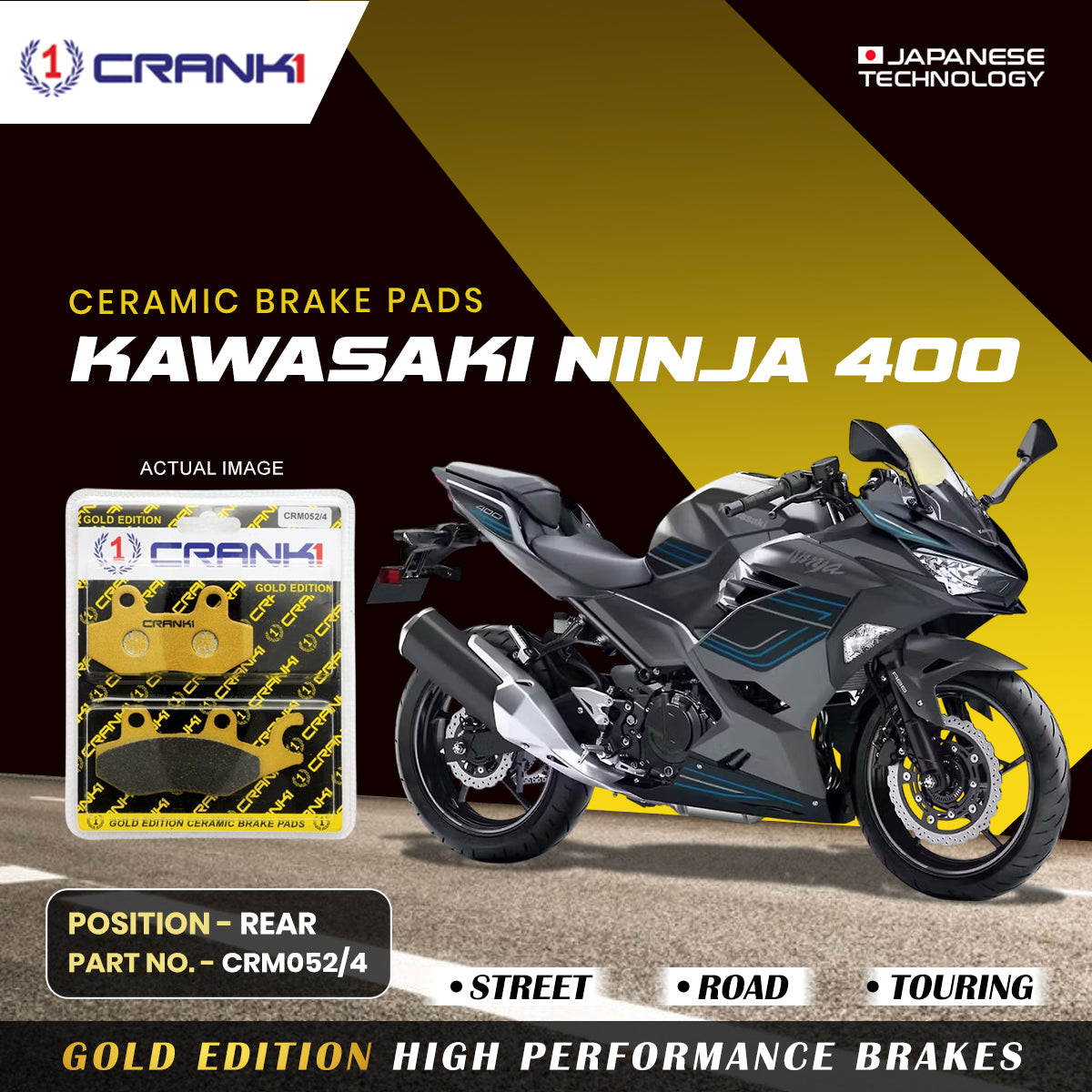 Ceramic Brake Pads For Kawasaki Ninja 400 Rear CRM052 4 1 Set CRANK1