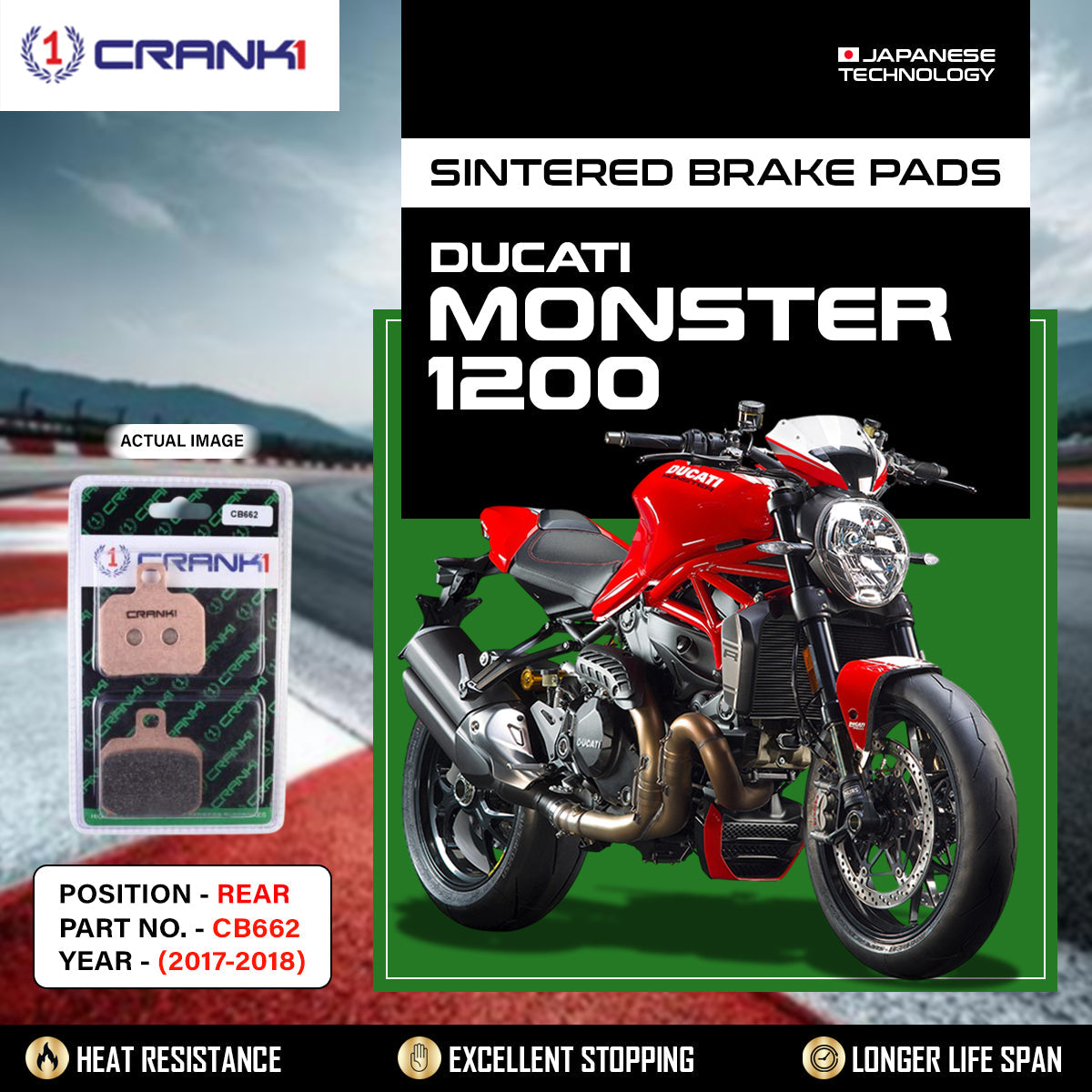 Sintered Brake Pads For Ducati Monster 1200 2017-2018 - Rear - CB662 - 1 Set - CRANK1