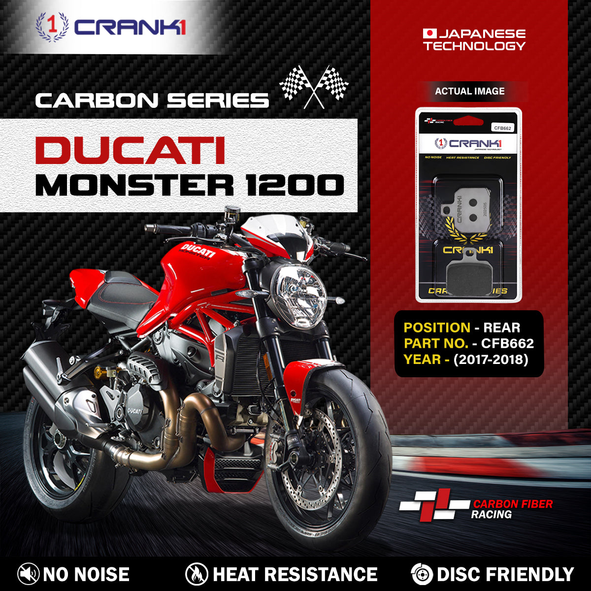 Carbon Brake Pads For Ducati Monster 1200 2017-2018 - Rear - CFB662 - 1 Set - CRANK1