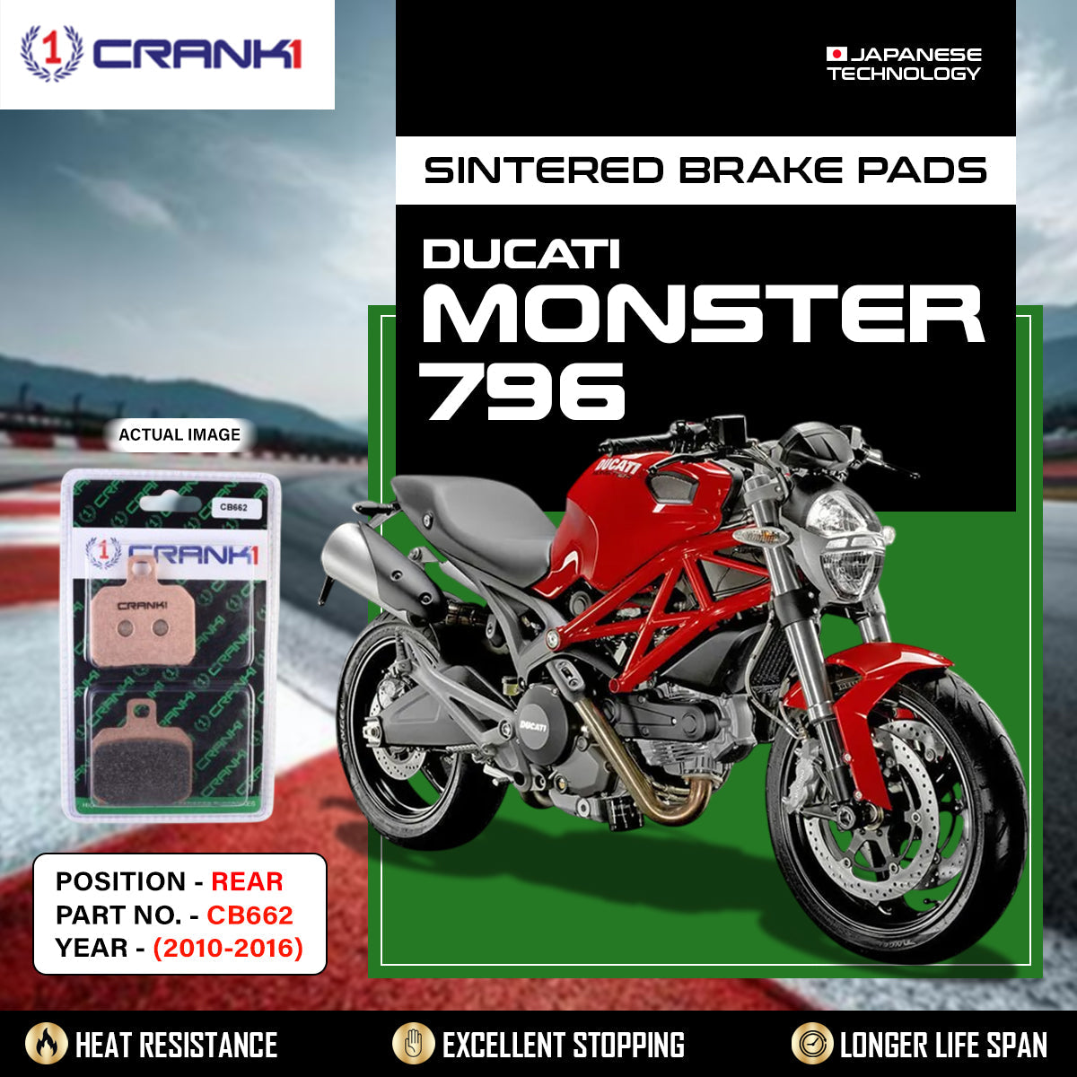 Sintered Brake Pads For Ducati Monster 796 2010-2016 - Rear - CB662 - 1 Set - CRANK1