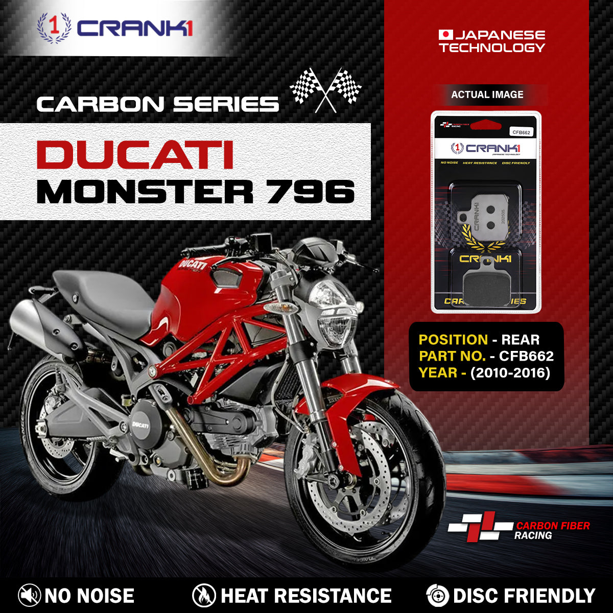 Carbon Brake Pads For Ducati Monster 796 2010-2016 - Rear - CFB662 - 1 Set - CRANK1