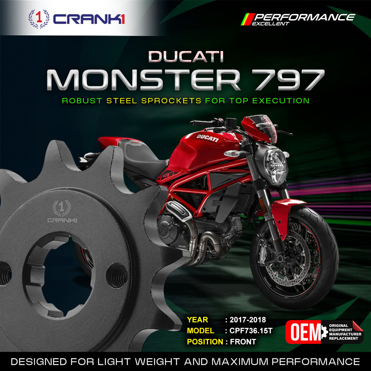 Sprocket For Ducati Monster 797 2017-2018 - Front - CPF736 15T - CRANK1
