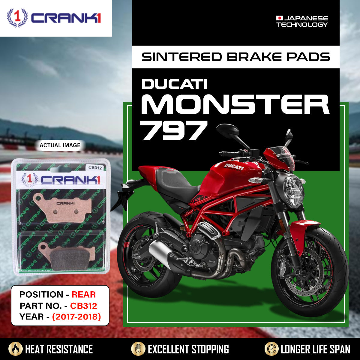 Sintered Brake Pads For Ducati Monster 797 2017-2018 - Rear - CB312 - 1 Set - CRANK1