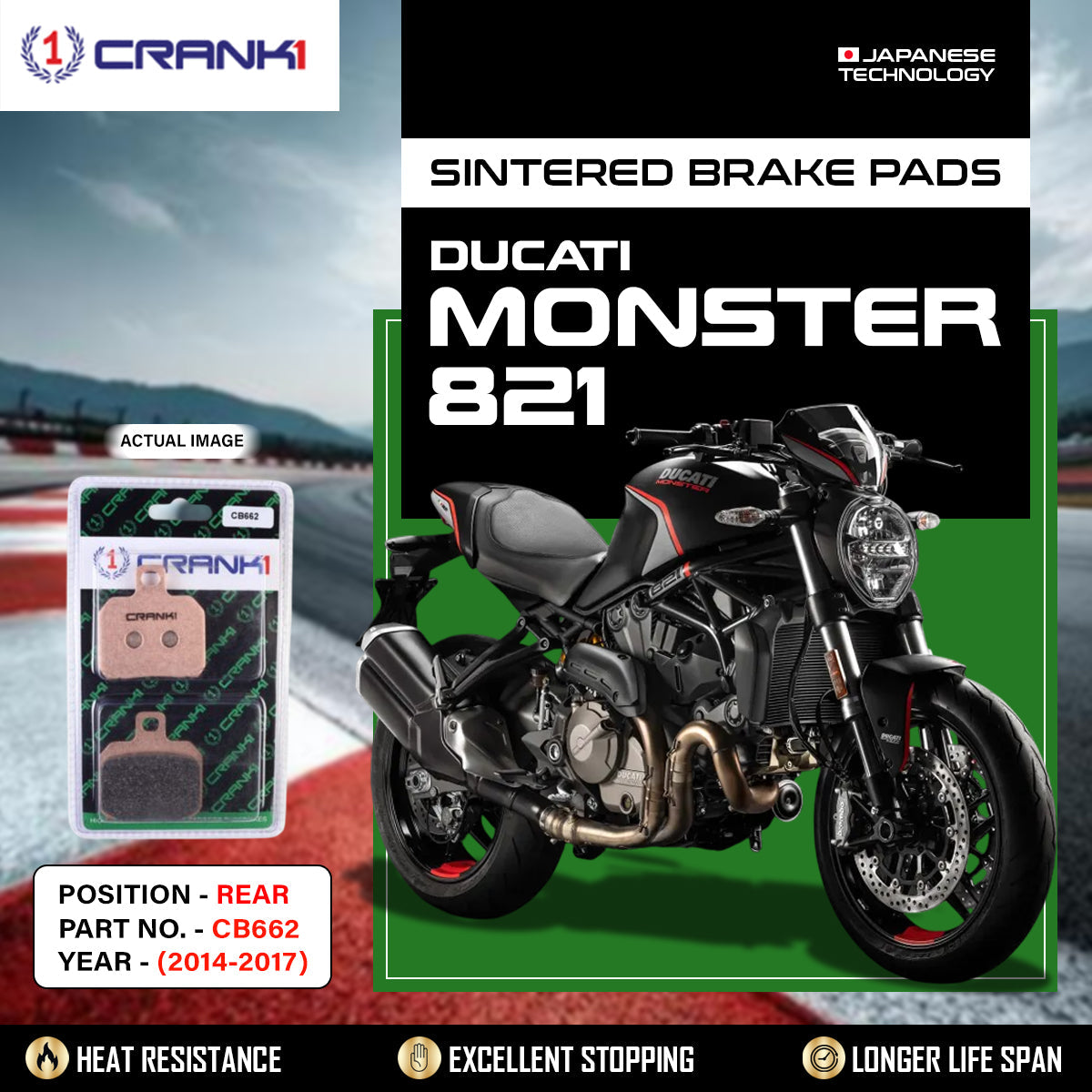 Sintered Brake Pads For Ducati Monster 821 2014-2017 - Rear - CB662 - 1 Set - CRANK1