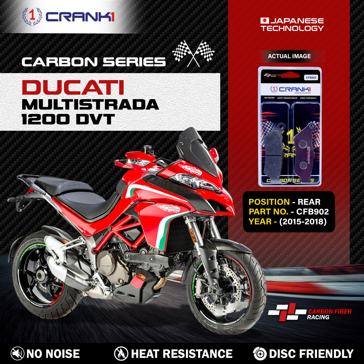 Carbon Brake Pads For Ducati Multistrada 1200 DVT 2015-2018 - Rear - CFB902 - 1 Set - CRANK1