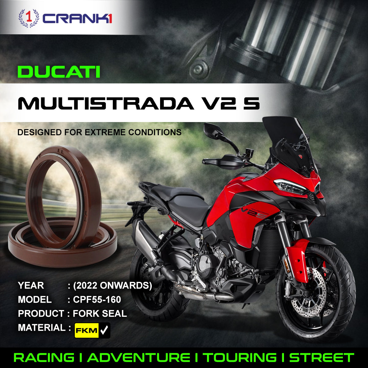 Fork Oil Seals Pair For Ducati Multistrada V2 S 2022 Onwards - CPF55-160 - CRANK1