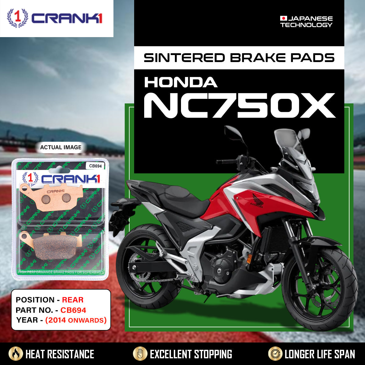 Sintered Brake Pads For Honda NC750X 2014 Onwards - Rear - CB694 - 1 Set - CRANK1