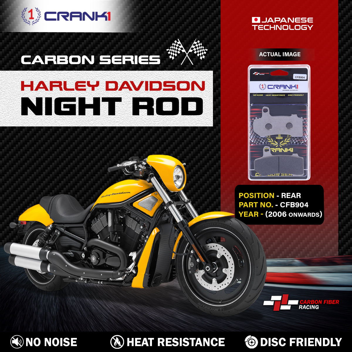 Carbon Brake Pads For Harley Davidson Night Rod 2006 Onwards - Rear - CFB904 - 1 Set - CRANK1