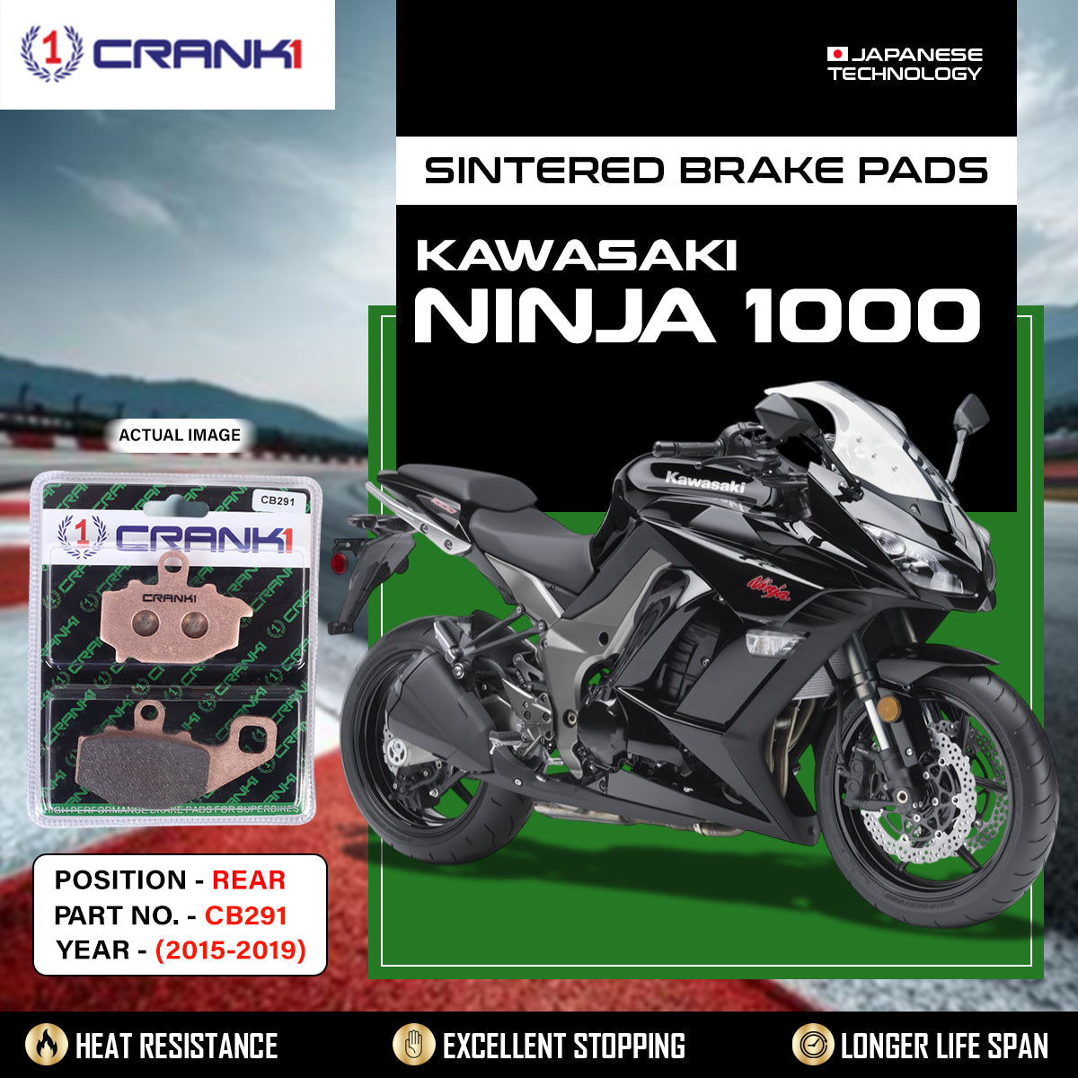 Sintered Brake Pads For Kawasaki Ninja 1000 2015-2019 - Rear - CB291 - 1 Set - CRANK1