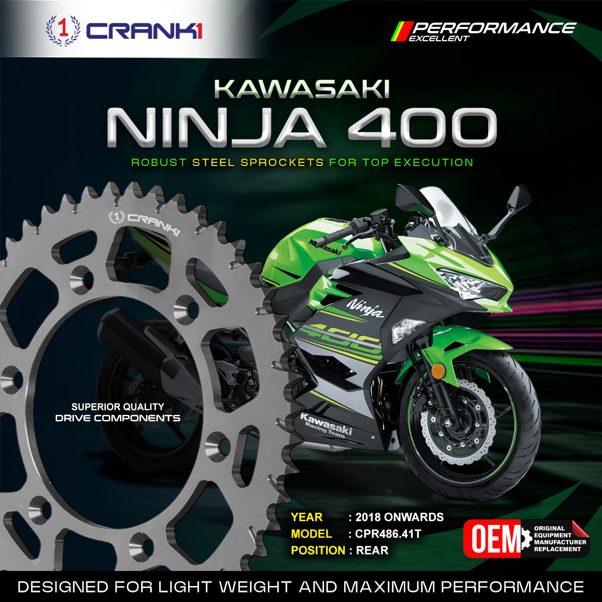 Sprocket For Kawasaki Ninja 400 2018 Onwards - Rear - CPR486 41T - CRANK1