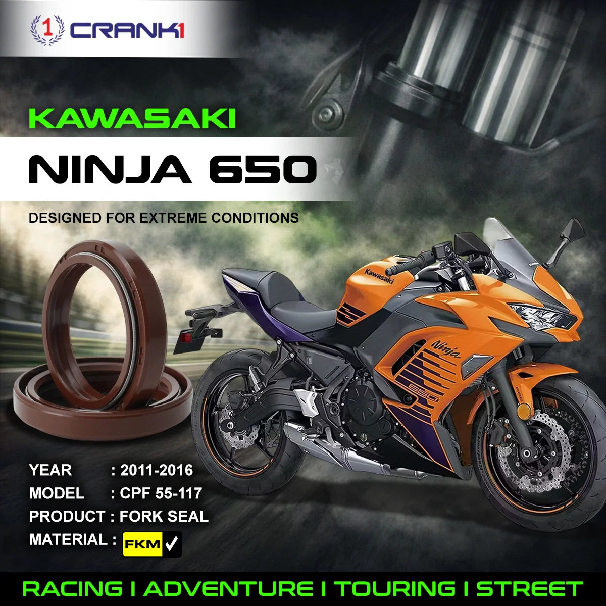 Fork Oil Seals Pair For Kawasaki Ninja 650 2011-2016 - CPF55-117 - CRANK1