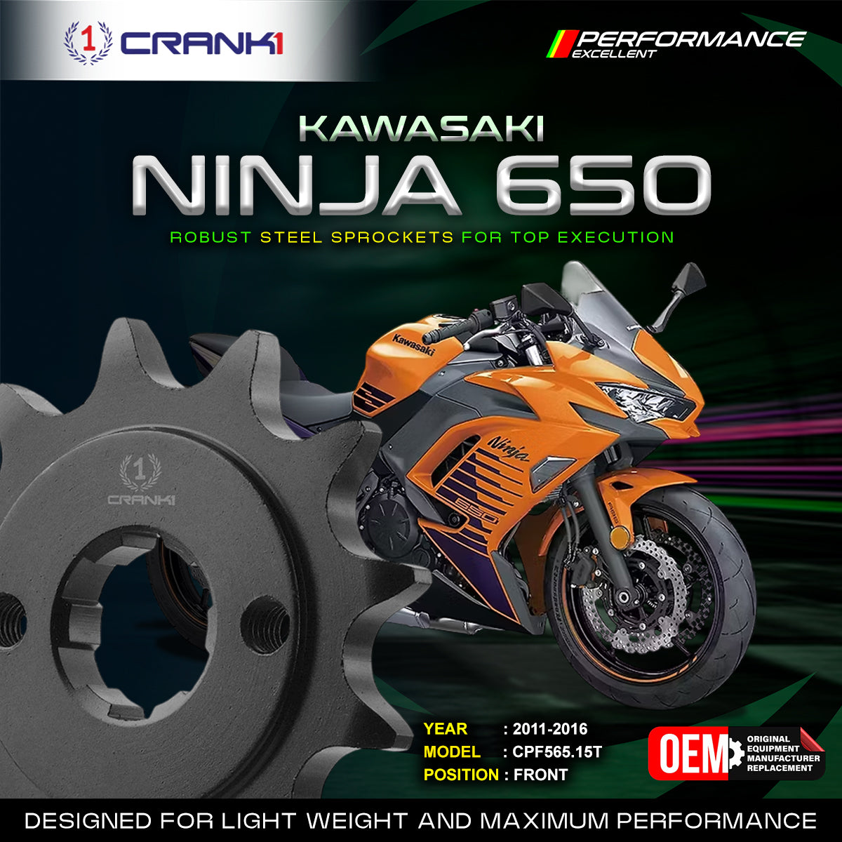 Sprocket For Kawasaki Ninja 650 2011-2016 - Front - CPF565 15T - CRANK1