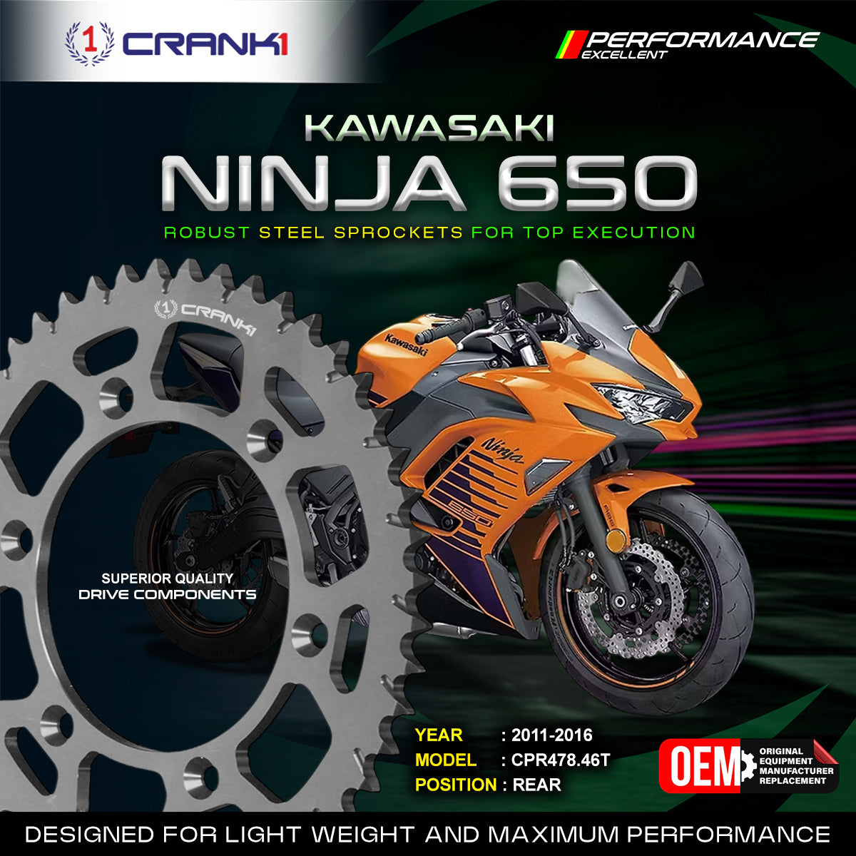 Sprocket For Kawasaki Ninja 650 2011-2016 - Rear - CPR478 46T - CRANK1