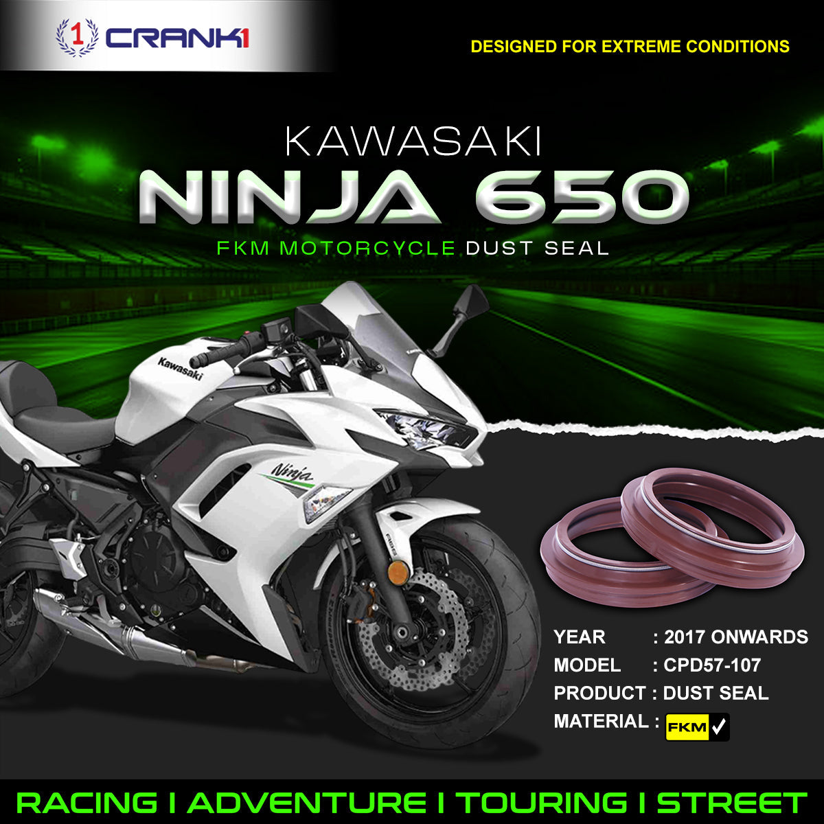 Fork Dust Seals Pair For Kawasaki Ninja 650 2017 Onwards - CPD57-107 - CRANK1