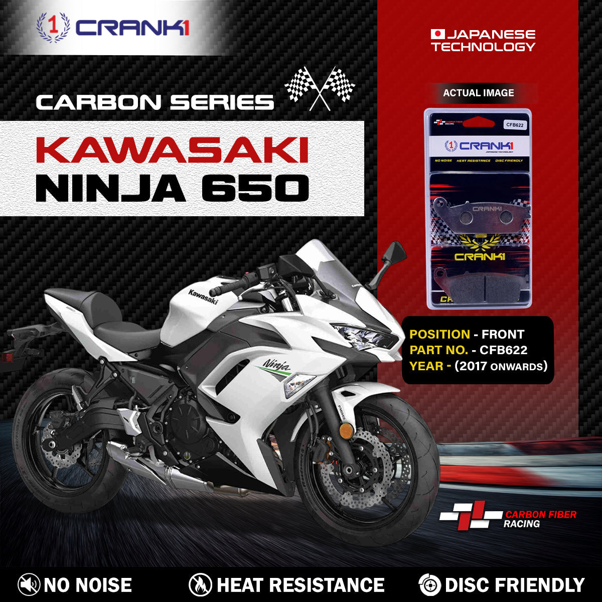 Carbon Brake Pads For Kawasaki Ninja 650 2017 Onwards - Front - CFB622 - 2 Sets - CRANK1