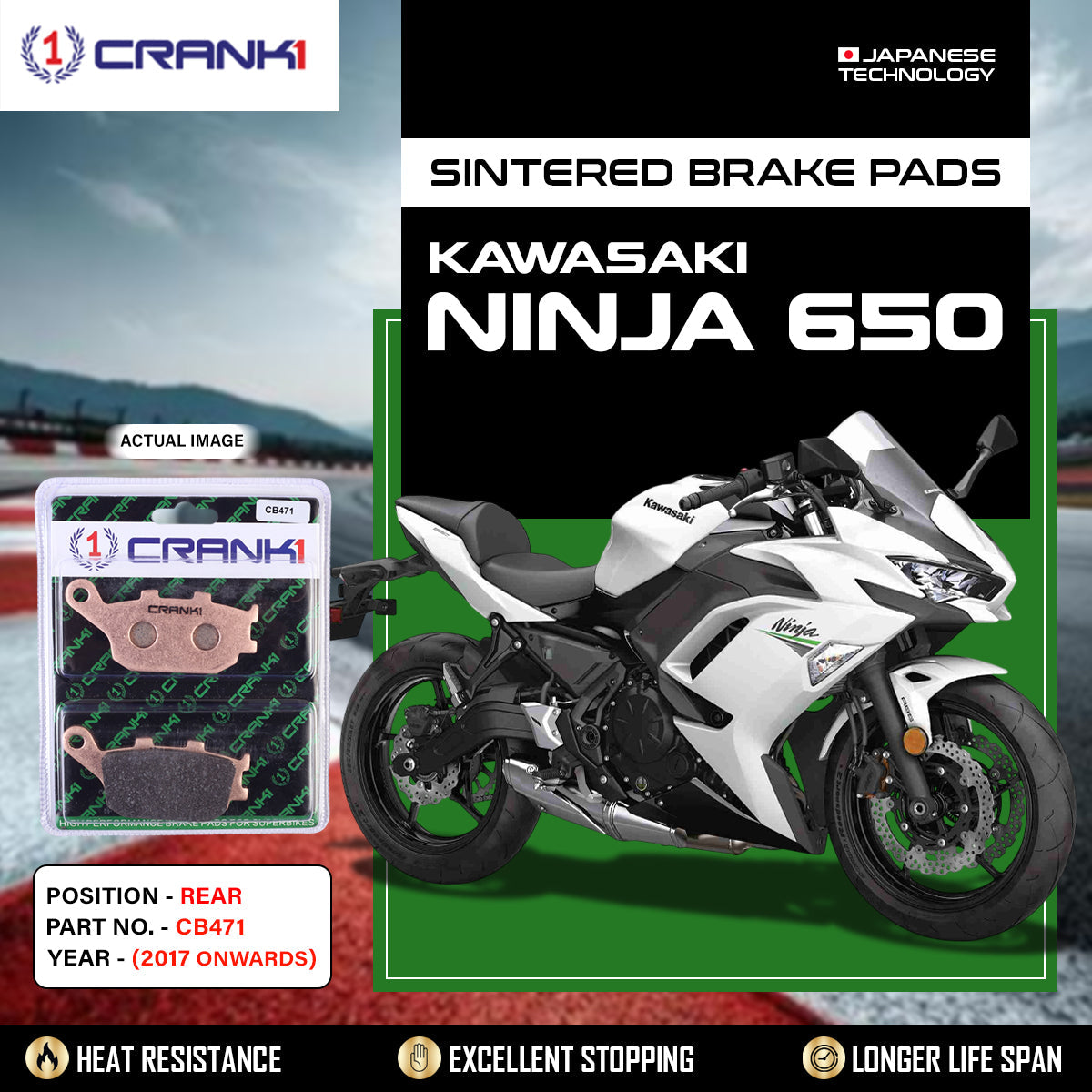 Sintered Brake Pads For Kawasaki Ninja 650 2017 Onwards - Rear - CB471 - 1 Set - CRANK1