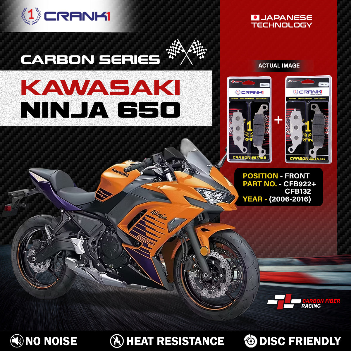 Carbon Brake Pads For Kawasaki Ninja 650 2006-2016 - Front - CFB922 CFB132 - 2 Sets - CRANK1
