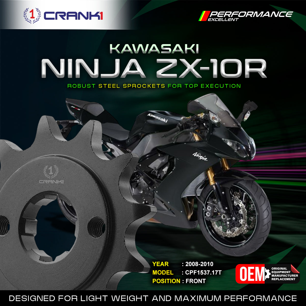 Sprocket For Kawasaki Ninja ZX-10R 2008-2010 - Front - CPF1537 17T - CRANK1