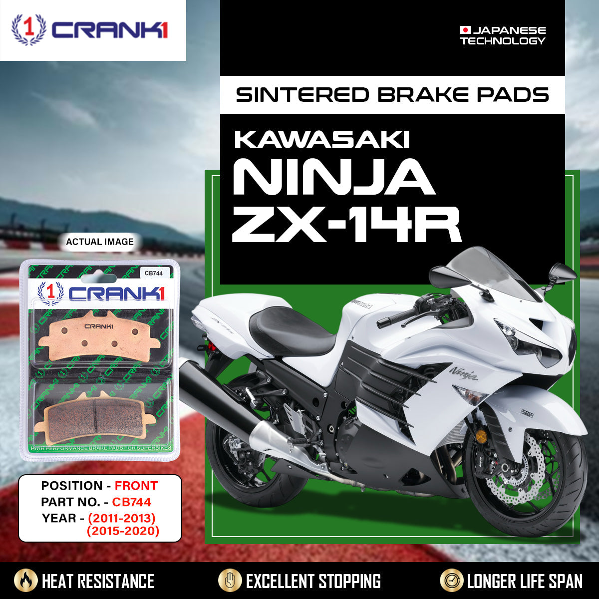 Sintered Brake Pads For Kawasaki Ninja ZX-14R 2011-2013 2015-2020 - Front - CB744 - 2 Sets - CRANK1