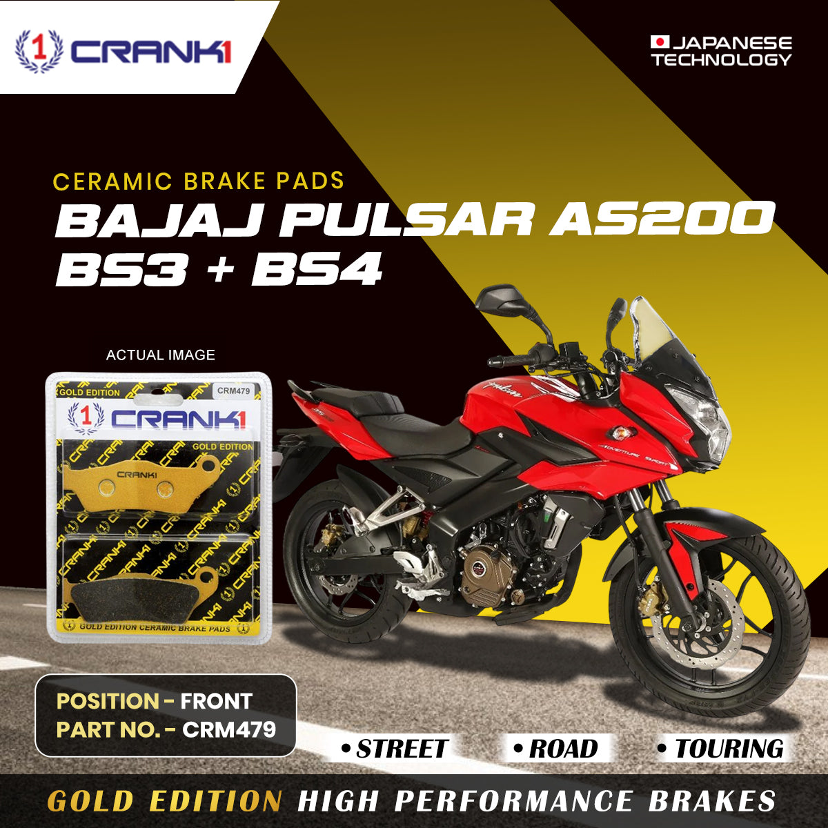 Ceramic Brake Pads For Bajaj Pulsar AS200 BS3 BS4 Front CRM479 1 Set CRANK1