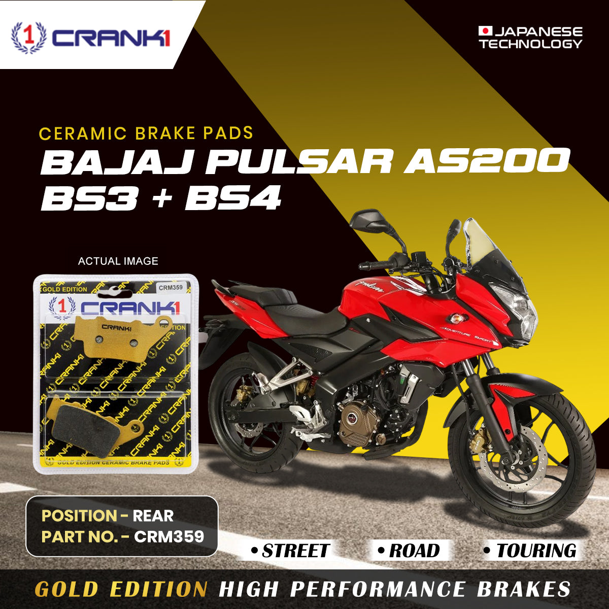 Ceramic Brake Pads For Bajaj Pulsar AS200 BS3 BS4 Rear CRM359 1 Set CRANK1