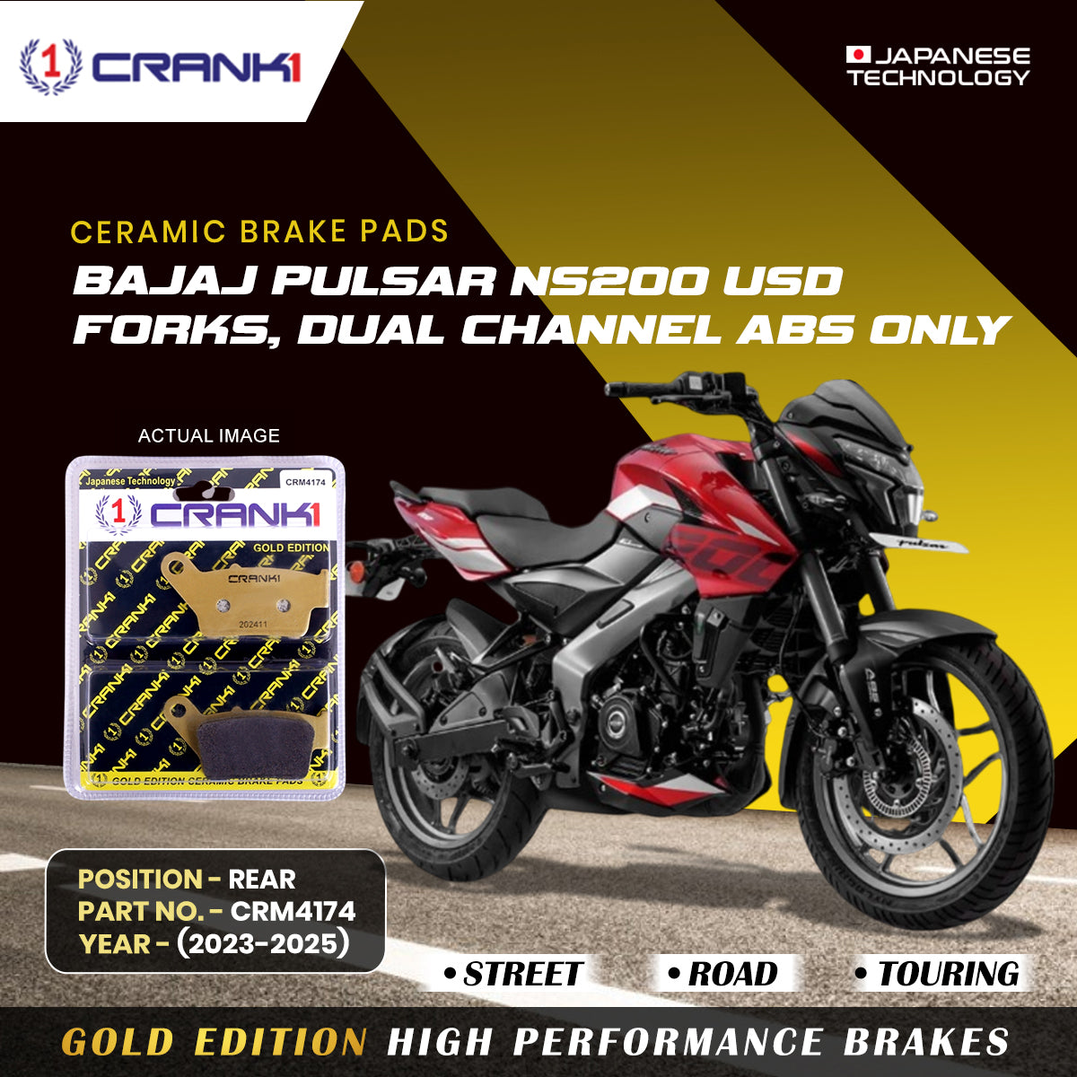 Ceramic Brake Pads For Bajaj Pulsar NS 200 USD Forks Dual Channel ABS Only 2023 2025 Rear CRM4174 1 Set CRANK1