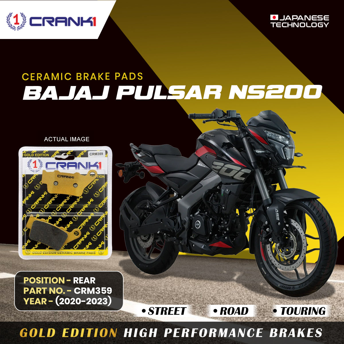 Ceramic Brake Pads For Bajaj Pulsar NS200 2020 2023 Rear CRM359 1 Set CRANK1