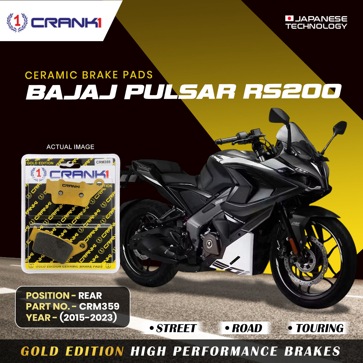 Ceramic Brake Pads For Bajaj Pulsar RS200 2015 2023 Rear CRM359 1 Set CRANK1