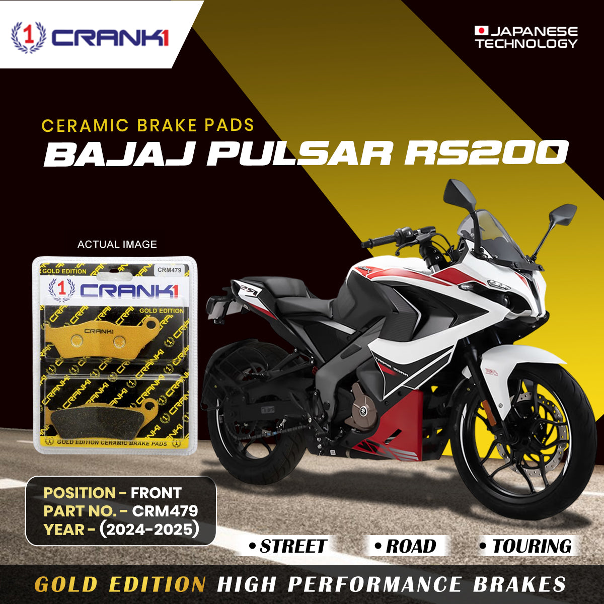 Ceramic Brake Pads For Bajaj Pulsar RS200 2024 2025 Front CRM479 1 Set CRANK1