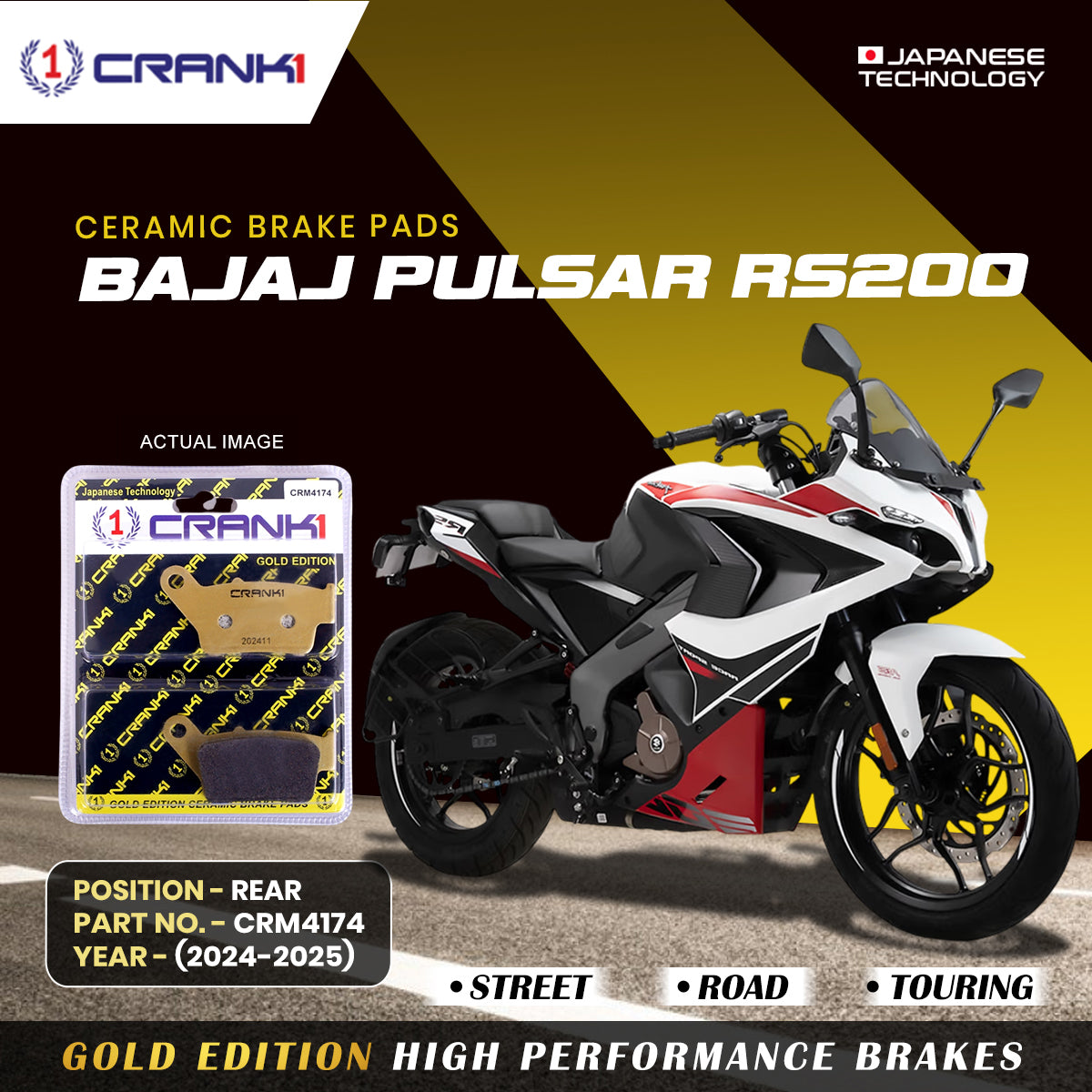 Ceramic Brake Pads For Bajaj Pulsar RS200 2024 2025 Rear CRM4174 1 Set CRANK1