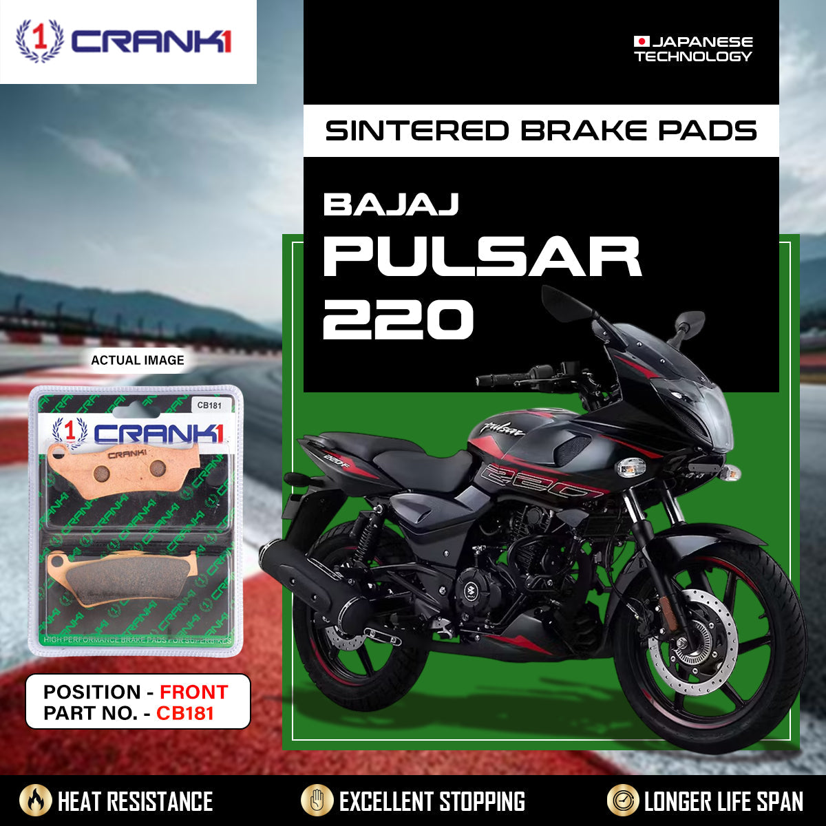 Sintered Brake Pads For Bajaj Pulsar 220 - Front - CB181 - 1 Set - CRANK1