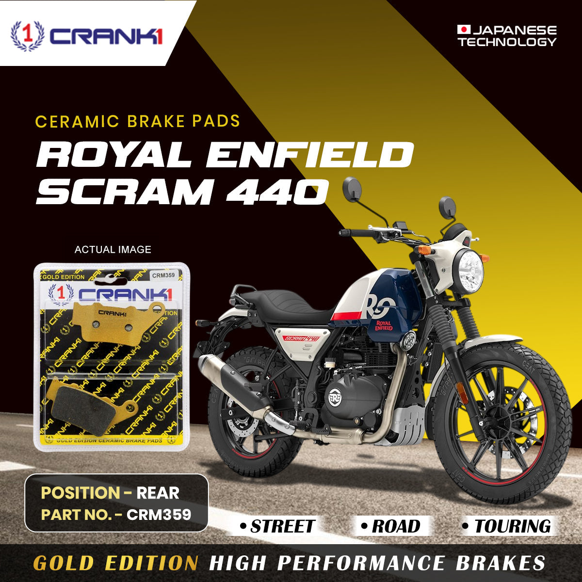 Ceramic Brake Pads For Royal Enfield Scram 440 Rear CRM359 1 Set CRANK1