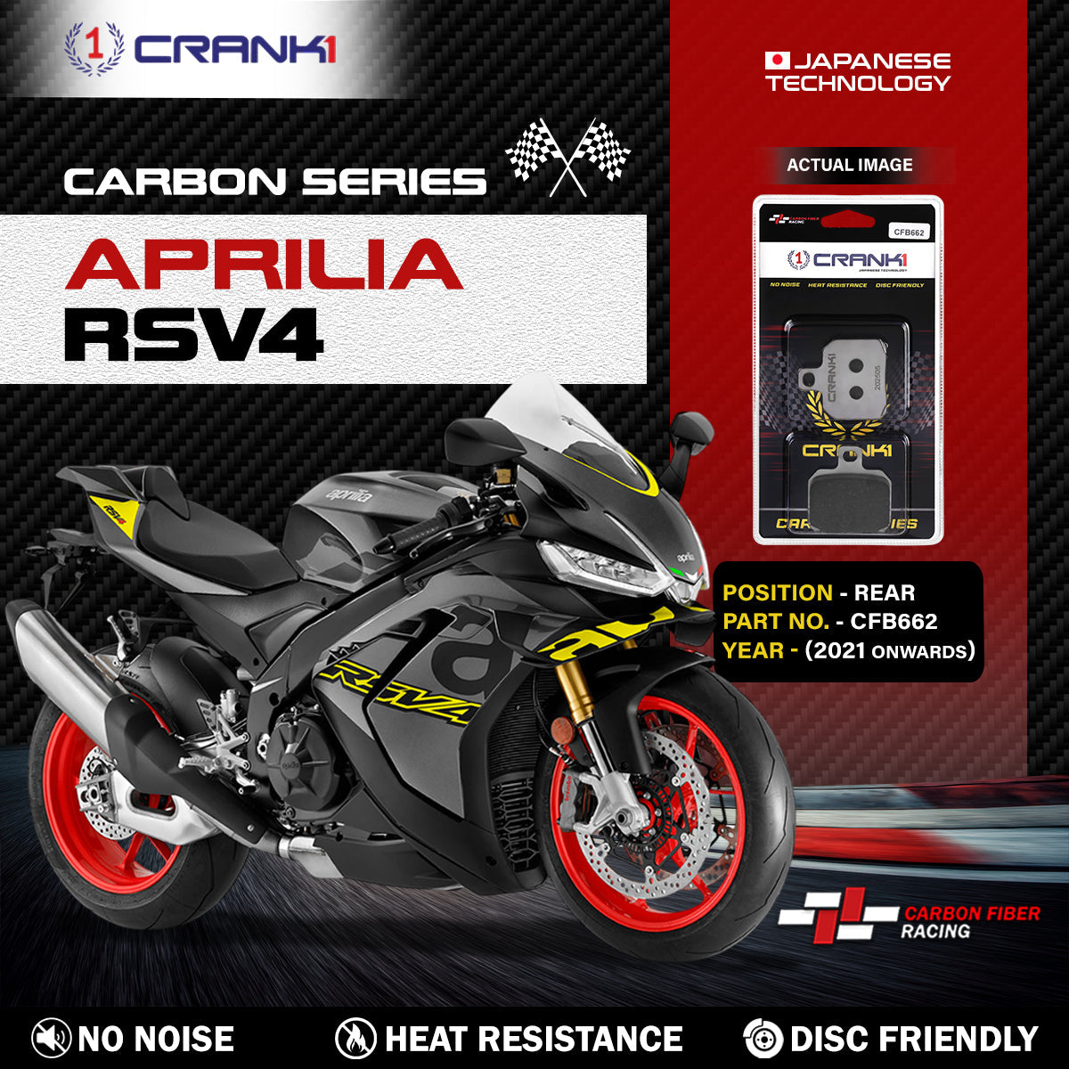 Carbon Brake Pads For Aprilia RSV4 2021 Onwards - Rear - CFB662 - 1 Set - CRANK1