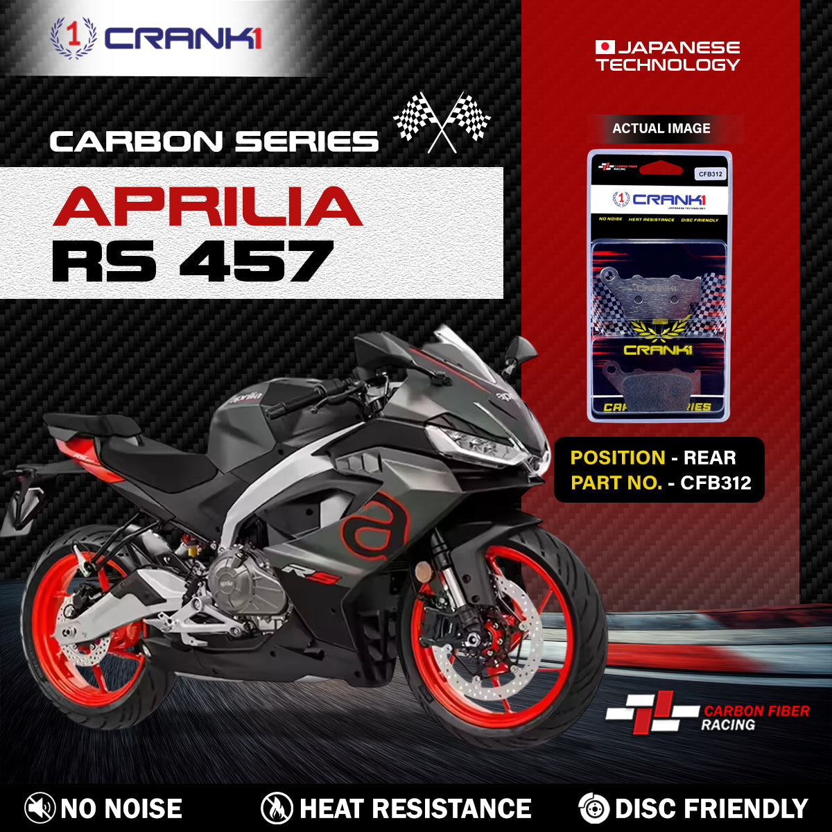 Carbon Brake Pads For Aprilia RS 457 - Rear - CFB312 - 1 Set - CRANK1
