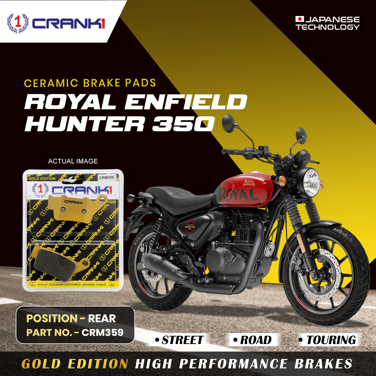 Ceramic Brake Pads For Royal Enfield Hunter 350 Rear CRM359 1 Set CRANK1